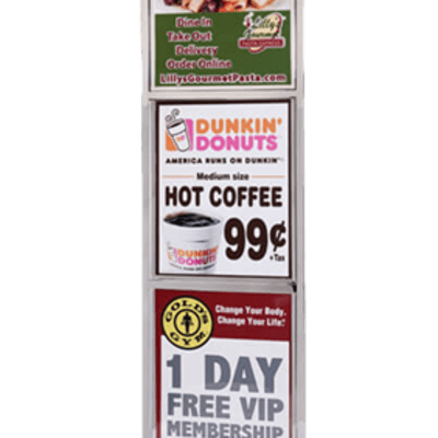 “Triple 22x28 poster sign stand with square base in chrome finish”