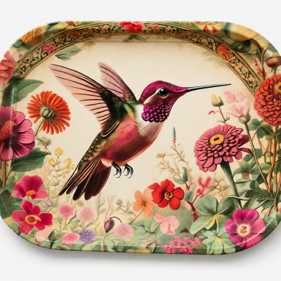 Hummingbird Zinnias Metal Tray