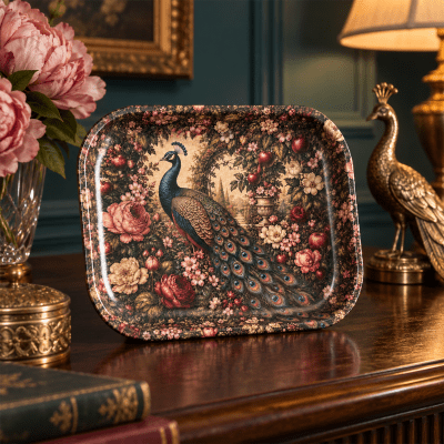 Peacock in the Rose Garden Metal Tray