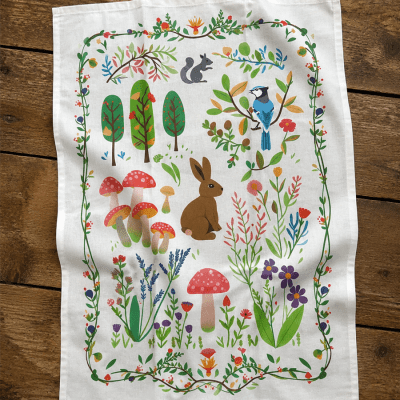 Tea Towel Woodland Folkart