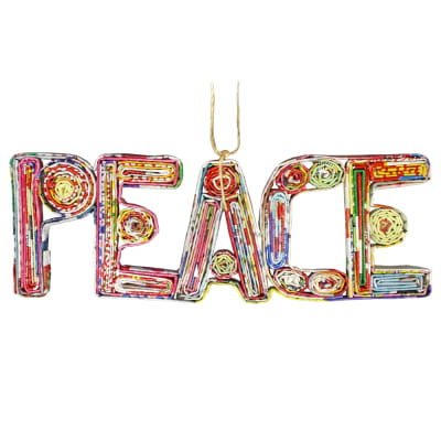 Recycled Magazine Peace Word Ornament