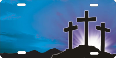 Golgotha Three Crosses Christian personalized novelty license plate blue