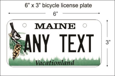 Maine state Mini License Plate for Bicycles, Bikes, Wheelchairs, Golf Carts personalized for you. can also be used as a door sign.