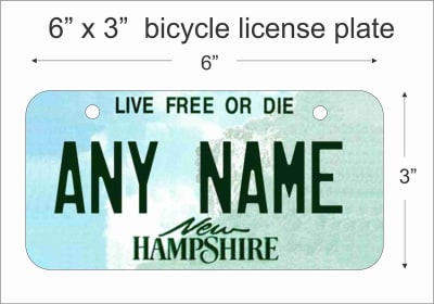 New Hampshire state Mini License Plate for Bicycles, Bikes, Wheelchairs, Golf Carts personalized for you. can also be used as a door sign.