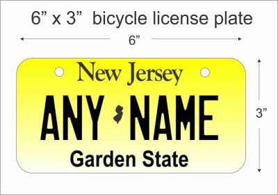 New Jersey state Mini License Plate for Bicycles, Bikes, Wheelchairs, Golf Carts personalized for you. can also be used as a door sign.