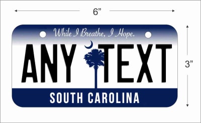 South Carolina state Mini License Plate for Bicycles, Bikes, Wheelchairs, Golf Carts personalized for you. can also be used as a door sign.