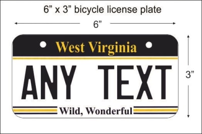 West Virginia Mini License Plate for Bicycles, Bikes, Wheelchairs, Golf Carts personalized for you. can also be used as a door sign.