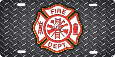 personalized novelty license plate Fire Dept Maltese cross on diamond plate (NOT 3D)