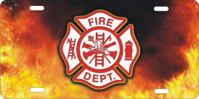 personalized novelty license plate Fire Dept Maltese cross on fire background (NOT 3D)