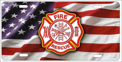 Fire Rescue Maltese cross on American flag fire dept personalized novelty front license plate decorative vanity car tag