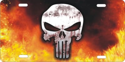 metal skull in fire  personalized novelty license plate, custom made Punisher front plates