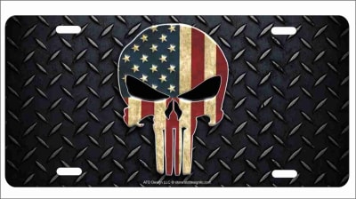 The Punisher skull American flag on faux diamond plate novelty front license plate decorative vanity aluminum car tag