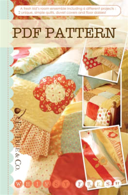 A fresh kid's room ensemble including 6 different project, simple quits, duvet cover and floor daisies