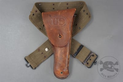 Original US WWI M1911 Leather Holster By Milwaukee Saddlery Co With USMC Web Pistol Belt