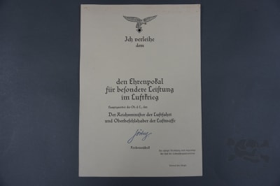 Reproduction German WWII Unawarded Luftwaffe Honor Goblet Award Document
