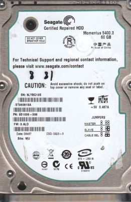 SEAGATE ST960815A MOMENTUS 60GB 5400RPM IDE/ATA-100 8MB BUFFER 2.5INCH INTERNAL NOTEBOOK HARD DISK DRIVE. REFURBISHED. IN STOCK.