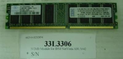 IBM 33L3306 512MB 266MHZ PC-2100 184-PIN DIMM CL2.5 NON-ECC DDR SDRAM GENUINE IBM MEMORY FOR NETVISTA A30 A30P M42 S42. BULK. IN STOCK.