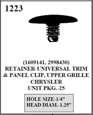 W-E 1223 RETAINER CLIP, UNIVERAL TRIM, AND PANEL 1/4 HOLE SIZE