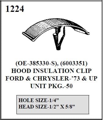 W-E 1224 FASTENER HOOD INSULATION, FORD AND CHRYSLER PROD