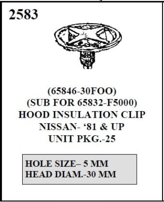 W-E 2583 HOOD INSULATION CLIP, 30MM HEAD DIAM. 5MM HOLE, NISSAN 81 AND UP