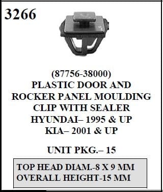 W-E 3266 Plastic Door and Rocker Panel Moulding Clip With Sealer, Kia 01 & up, Hyundai