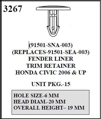 W-E 3267 Fender Liner and Trim Retainer Honda Civic, replaces 91501-SEA-003