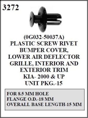 W-E 3272Plastic Screw Rivet, Bumper Cover Lower Air Deflector Grille, Interior and Exterior Trim, Kia