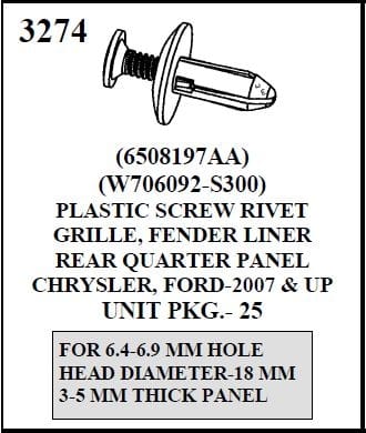 W-E 3274 Plastic Screw Rivet Grille, Fender Liner, Rear Quarter Panel Chrysler & Ford