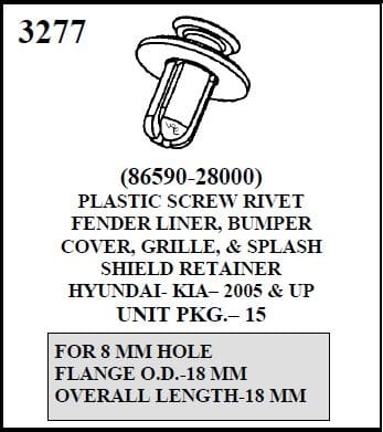 W-E 3277 Plastic Screw Rivet, Fender Liner, Bumper Cover, Grille and Splash Guard Retainer Hyundai & Kia