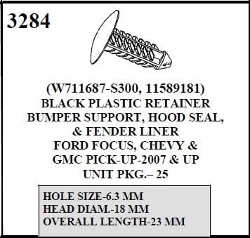 W-E 3284Black Plastic Retainer, Bumper Support, Hood Seal, & Fender Liner, Ford Focus, Chevrolet, & GMC Pickup