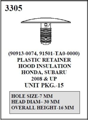 W-E 3305 Plastic Retainer Hood Insulation, Honda, Subaru