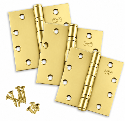 Cal-Royal BB31-US3, Commercial Ball Bearing Hinges, 4 Ball Bearing, Square Corner, 4.5 in. x 4.5 in. Template, UL Listed, Pack of 3, US3 Bright Brass