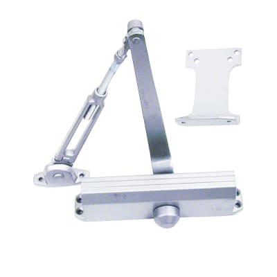 Falcon 9-1/16 in. x 3/4 in. Commercial Door Closer, Hold Open Arm With Parallel Bracket, Adjustable Spring Size 1-5, Aluminum Finish