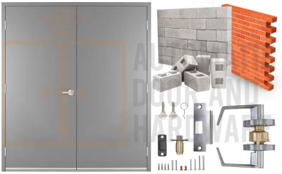 72 in. x 80 in. (6068) LHRA Commercial Industrial 18 Gauge Flush Hollow Metal Steel Double Door Insulated With Polystyrene Core, 16 Gauge Frame For Masonry Block Wall, and Hardware