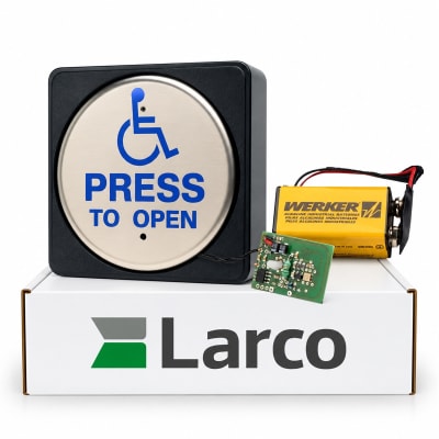 Larco 4.5" Circle Wireless Handicap Activation Switch Kit, Includes Plate, Surface Mounting Box, and 433 MHz Transmitter