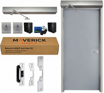 Maverick HA8LP Low Profile ADA Automatic Door Opener for Hollow Metal Doors with Cylindrical Lock & Electric Strike - Automatic Unlocking, 2 Wireless Handicap Push Buttons, Up to 300 lb. Doors