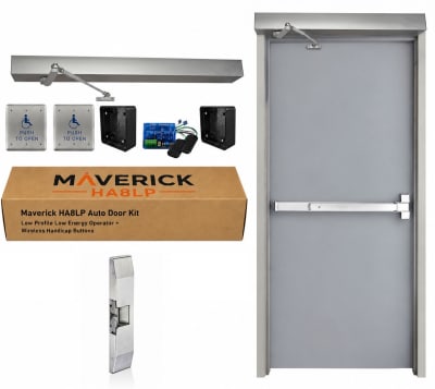 Maverick HA8LP Low Profile ADA Automatic Door Opener for Hollow Metal Doors with Panic Bar & Rim Electric Strike - Automatic Unlocking, 2 Wireless Handicap Push Buttons, Up to 300 lb. Doors