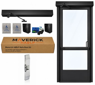 Maverick HA8LP Low Profile ADA Automatic Door Opener for Storefront Doors with Panic Bar & Rim Electric Strike - Automatic Unlocking, 2 Wireless Handicap Push Buttons, Up to 300 lb. Doors, Dark Bronze Anodized
