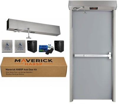 Maverick HA8SP Ultra Heavy Duty ADA Automatic Door Opener Package for Hollow Metal Doors with Doggable Panic Bar - High Traffic, Includes 2 Wireless Handicap Push Buttons