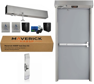 Maverick HA8SP Ultra Heavy Duty ADA Automatic Door Opener Package for Hollow Metal Doors with Panic Bar & Rim Electric Strike - Automatic Unlocking, High Traffic, Includes 2 Wireless Handicap Push Buttons