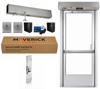 Maverick HA8SP Ultra Heavy Duty ADA Automatic Door Opener Package for Storefront Doors with Panic Bar & Rim Electric Strike - Automatic Unlocking, High Traffic, Includes 2 Wireless Handicap Push Buttons