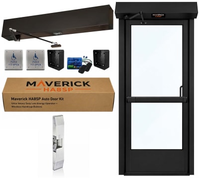 Maverick HA8SP Ultra Heavy Duty ADA Automatic Door Opener Package for Storefront Doors with Panic Bar & Rim Electric Strike - Automatic Unlocking, High Traffic, Includes 2 Wireless Handicap Push Buttons, Dark Bronze Anodized