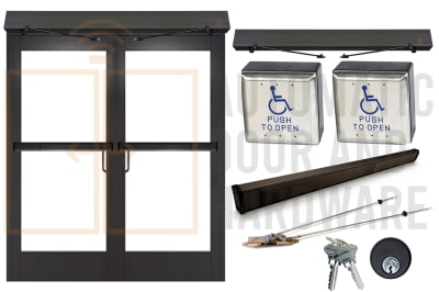 Maverick 72 in. x 84 in. Commercial ADA Compliant Automatic Swing Double Door With Panic Rated Concealed Vertical Rod Panic Bars and Wireless Wall Mounted Activation Buttons, Black Bronze Anodized, Glass Not Included