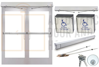 Maverick 72 in. x 84 in. Commercial ADA Compliant Automatic Swing Double Door With Panic Rated Concealed Vertical Rod Panic Bars and Wireless Wall Mounted Activation Buttons, Clear Anodized, Glass Not Included