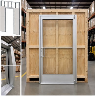 36" x 80" Pre-Hung Pre-Glazed Commercial Storefront Glass Door - LH - Interior Metal Stud & Drywall - Clear Anodized