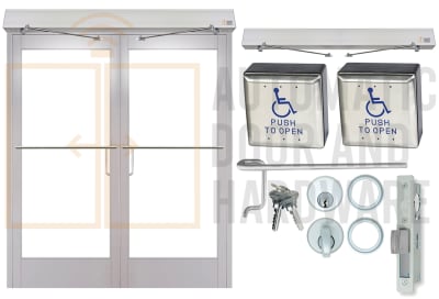 Maverick 72 in. x 84 in. Commercial ADA Compliant Automatic Swing Double Door With Wireless Wall Mounted Activation Buttons, Clear Anodized, Glass Not Included