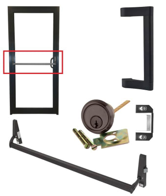 Storefront Pro Hardware AL10 Series Dark Bronze Finish Right Hand Reverse Panic Rated Crash Bar With Outside Lock Cylinder and Pull Handle For Narrow Stile Storefront Door