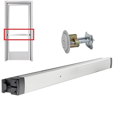 Storefront Pro Hardware AL20 Series Panic Rated Push Bar With Outside Lock Cylinder, Surface Mounted, Non Handed, Aluminum Finish, For 36 in. Narrow Stile Aluminum Storefront Door