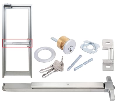 Storefront Pro Hardware Alum-Lock HD Series Panic Rated Crash Bar In Stainless Steel With Outside Rim Cylinder Lock For 36 Inch Wide Commercial Glass Door