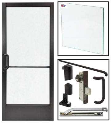 Left Hand Storefront Glass Door Replacement, 35-3/4 in. x 83-3/16 in. x 1-3/4 in., Offset Pivots, Concealed Track Arm, Deadbolt, Outside Pull Handle, Inside Push Bar, Dark Bronze Anodized Finish, Glass Not Included